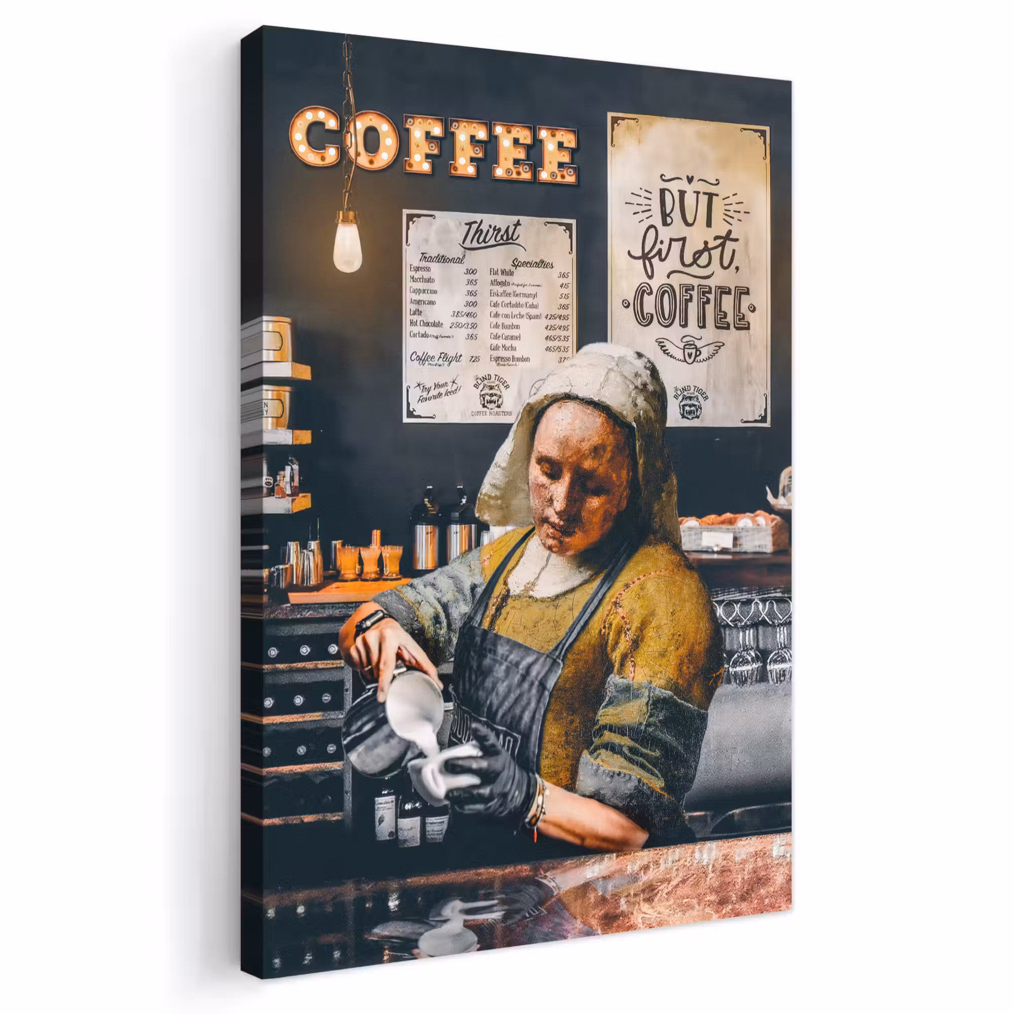 Canvas schilderij - Melkmeisje - Barista - Koffie - Vintage - Kunst - Abstract - Schilderij - Oude meesters