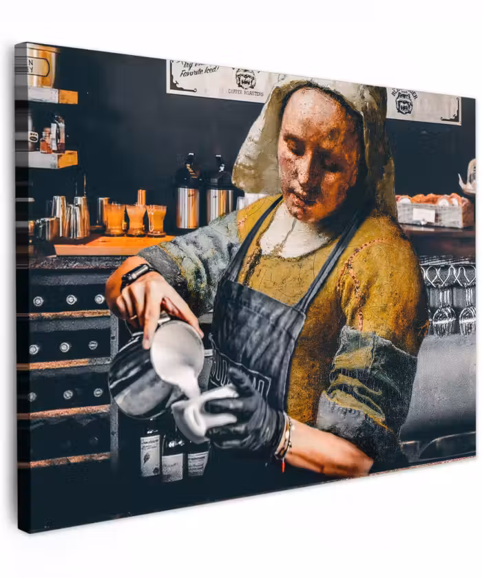Canvas schilderij - Melkmeisje - Barista - Koffie - Vintage - Kunst - Abstract - Schilderij - Oude meesters