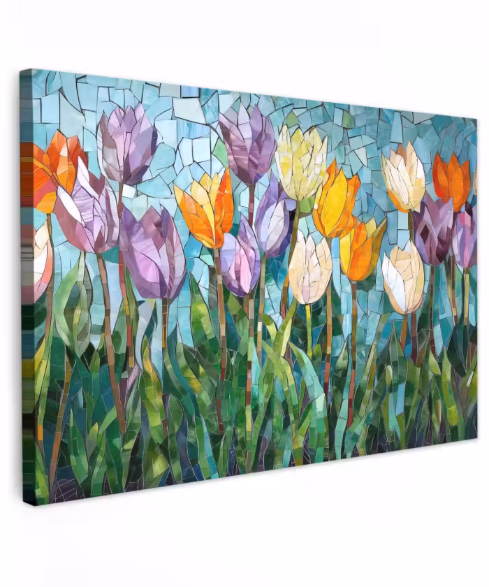 Canvas schilderij - Mozaïek - Veld - Tulpen - Kleurrijk