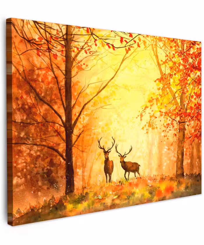 Canvas schilderij - Natuur - Olieverf - Hert - Dieren - Herfst - Oranje