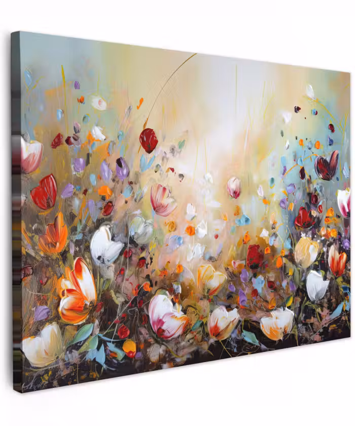 Canvas schilderij - Olieverf - Bloemen - Kleurrijk - Natuur