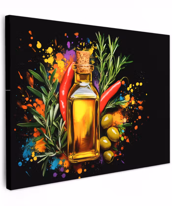 Canvas schilderij - Olijfolie - Graffiti - Peper - Olijven - Modern