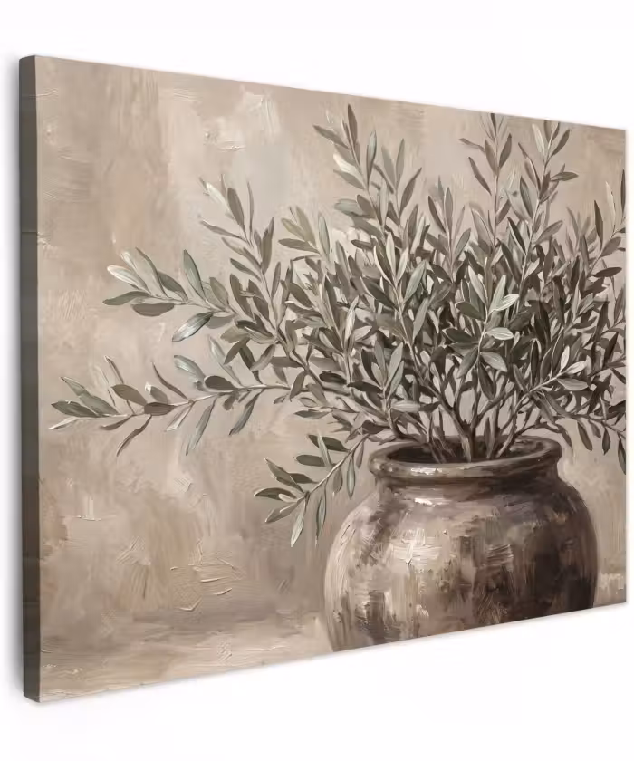 Canvas schilderij - Olijfplant - Aardenpot - Abstract - Beige