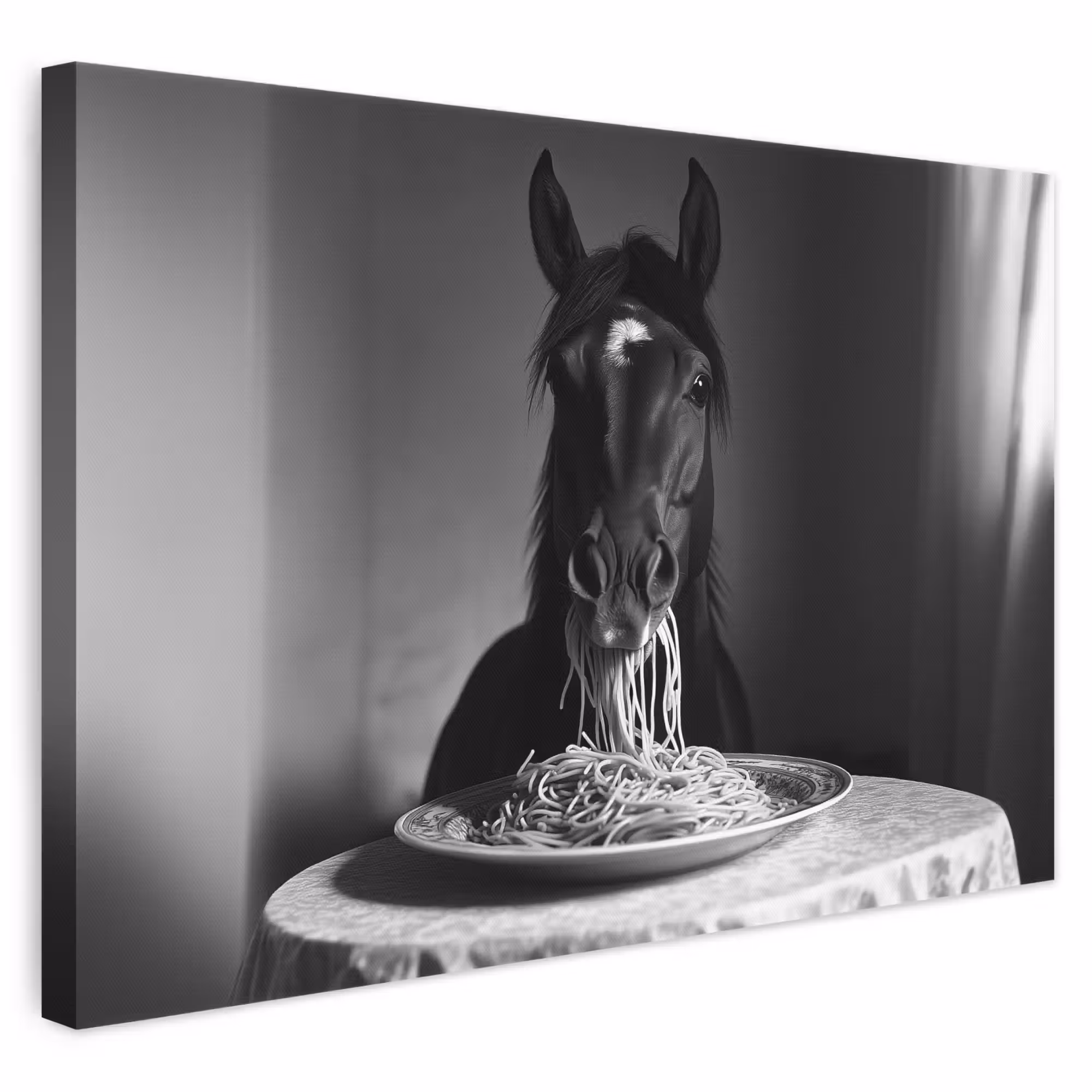 Canvas schilderij - Paard - Bord - Pasta - Tafelkleed - Zwart Wit - Dieren