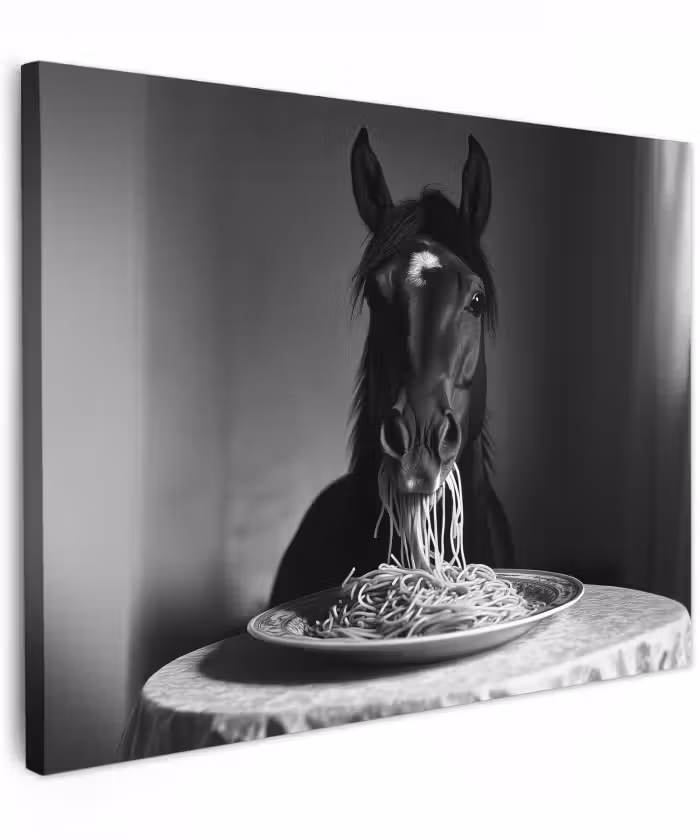 Canvas schilderij - Paard - Bord - Pasta - Tafelkleed - Zwart Wit - Dieren