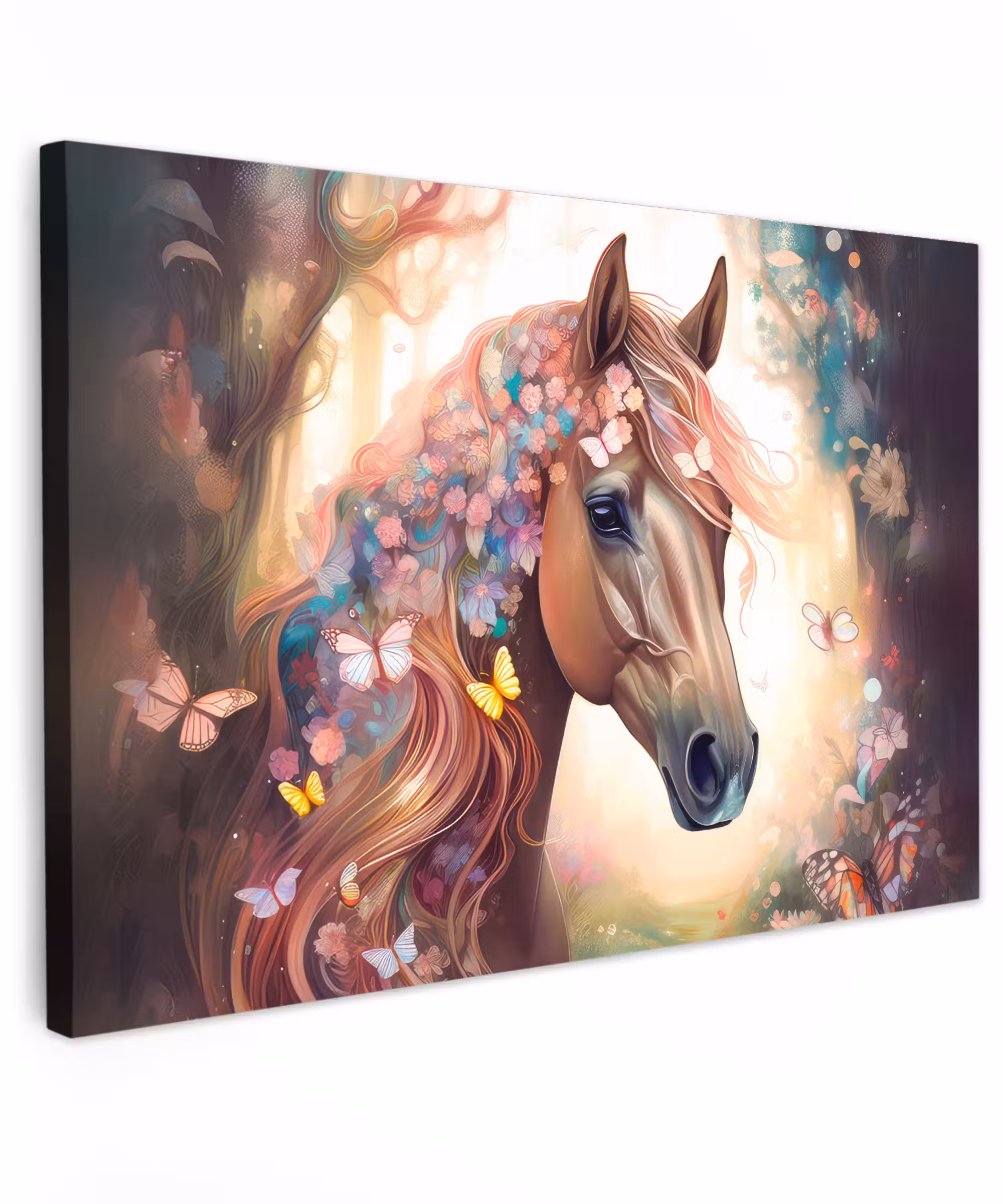 Canvas schilderij - Paard - Natuur - Bloemen - Vlinders - Bos