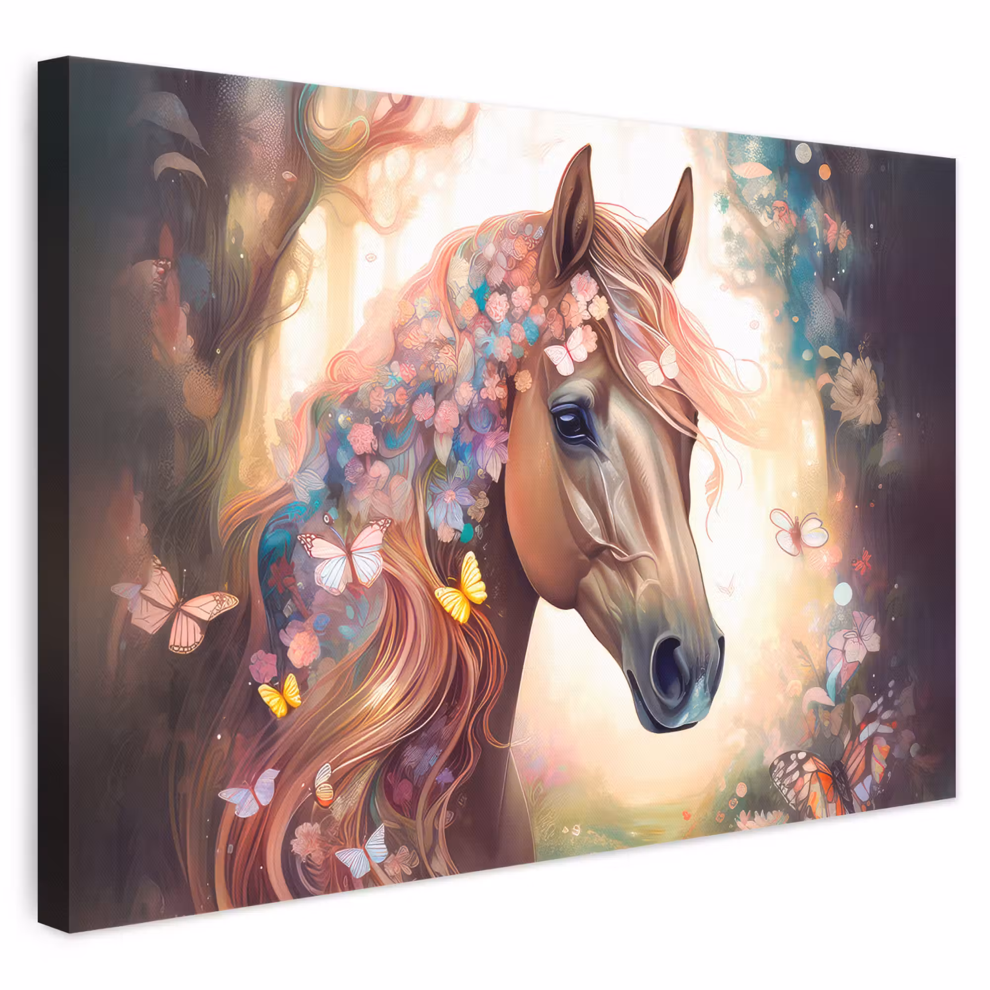 Canvas schilderij - Paard - Natuur - Bloemen - Vlinders - Bos