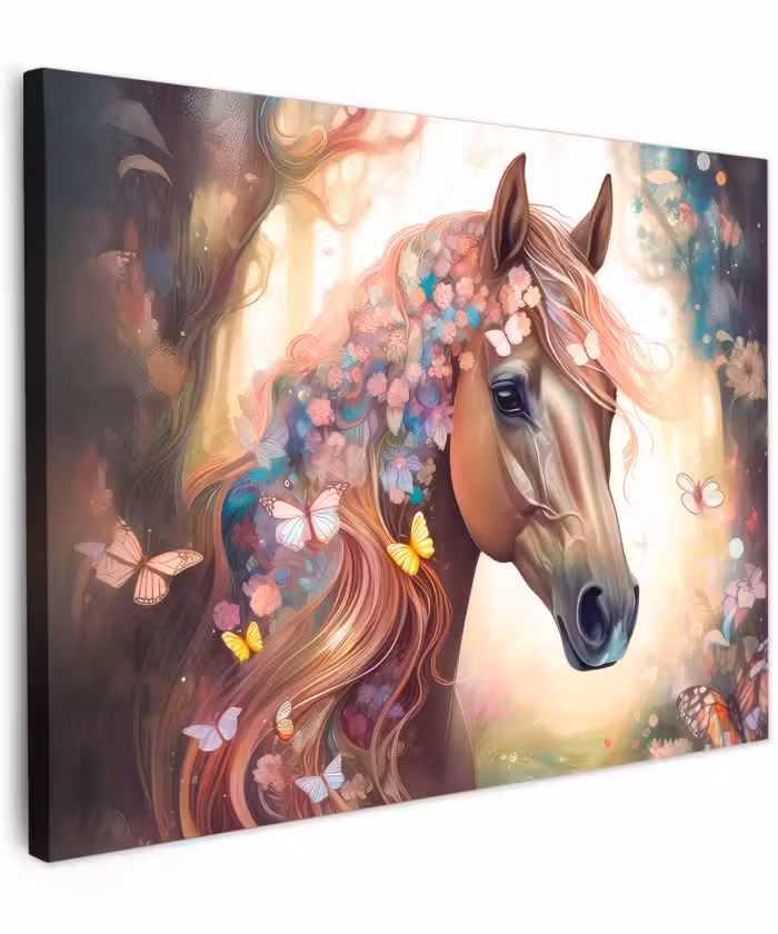 Canvas schilderij - Paard - Natuur - Bloemen - Vlinders - Bos