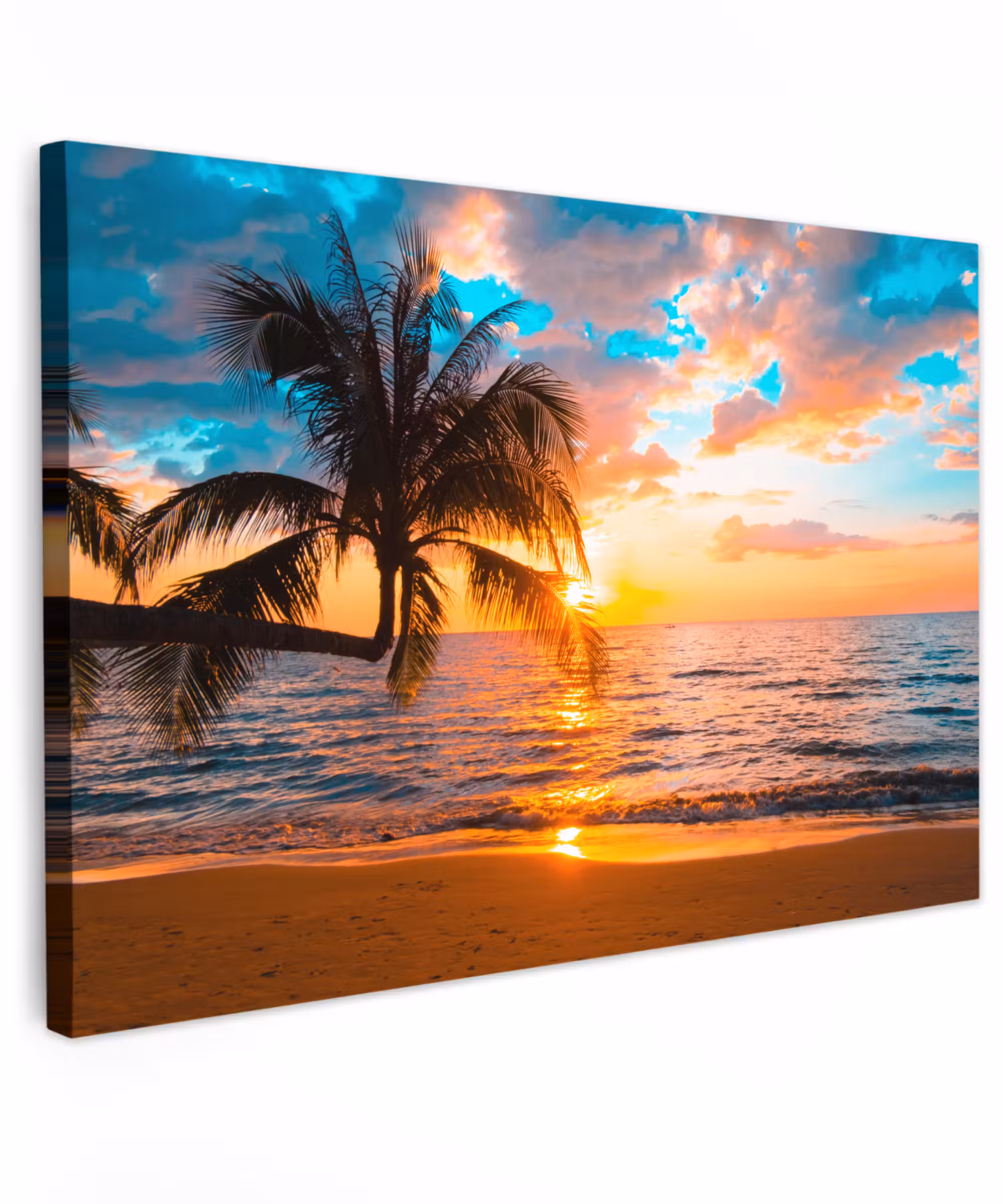 Canvas schilderij - Palm - Zonsondergang - Horizon - Strand - Zee - Tropisch