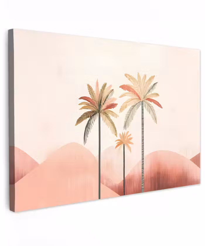 Canvas schilderij - Palmbomen - Heuvels - Minimalistisch - Zachtroze