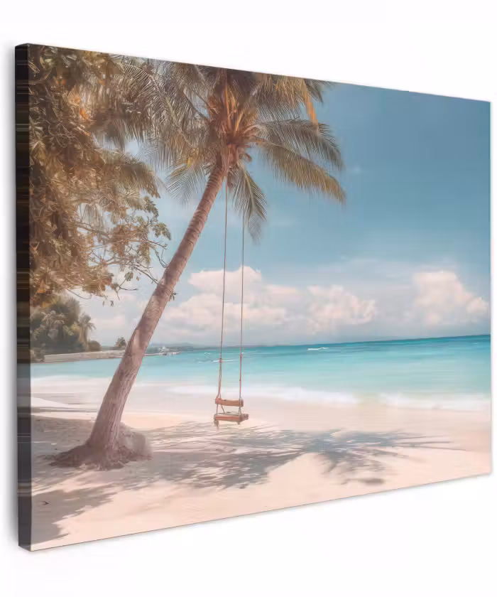 Canvas schilderij - Palmboom - Schommel - Strand - Lucht