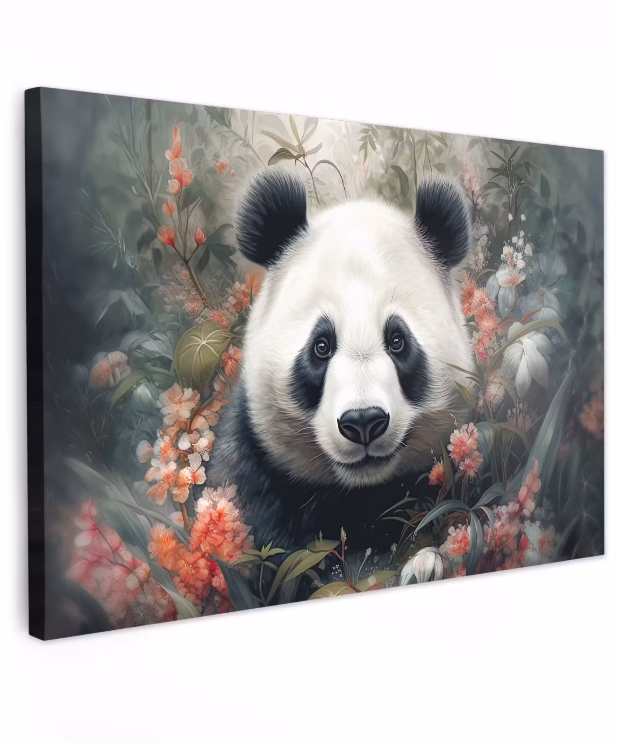 Canvas schilderij - Panda - Wilde dieren - Bloemen - Natuur