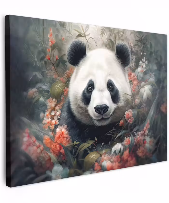 Canvas schilderij - Panda - Wilde dieren - Bloemen - Natuur