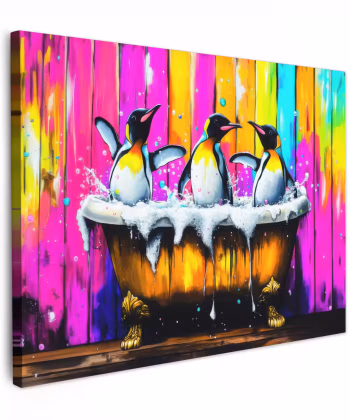 Canvas schilderij - Pinguïns - Badkuip - Kleurrijk - Schuim