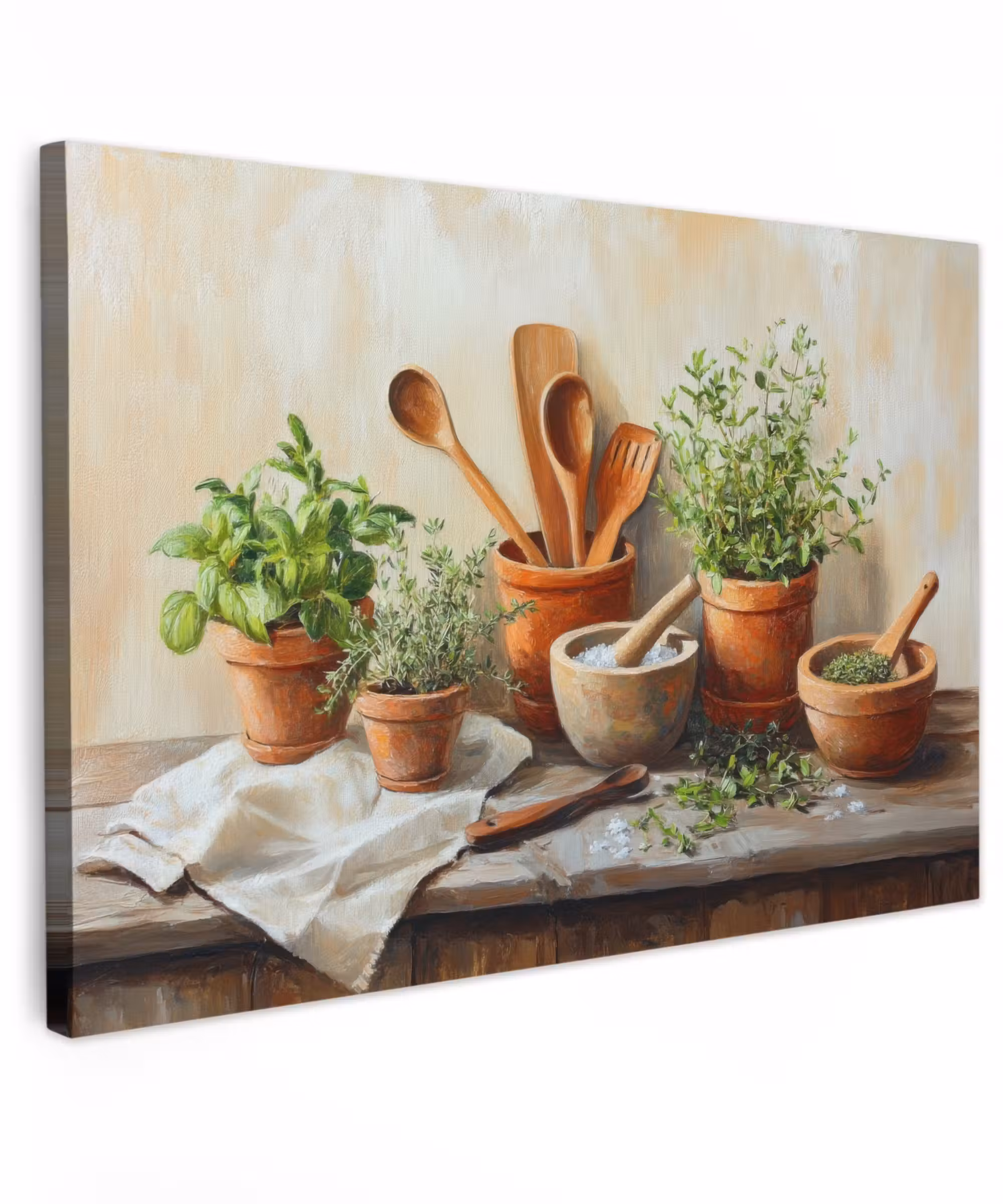 Canvas schilderij - Potten - Kruiden - Hout