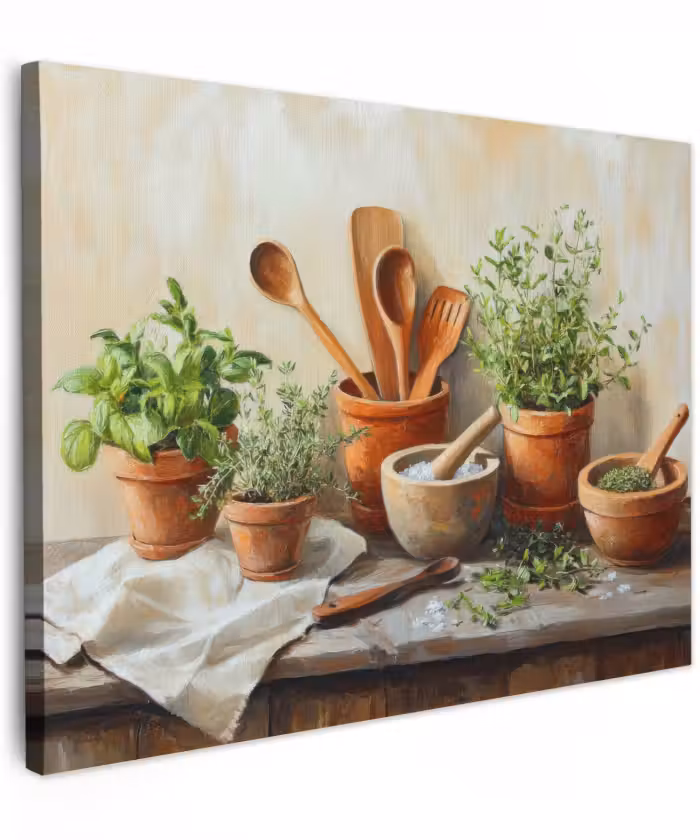 Canvas schilderij - Potten - Kruiden - Hout