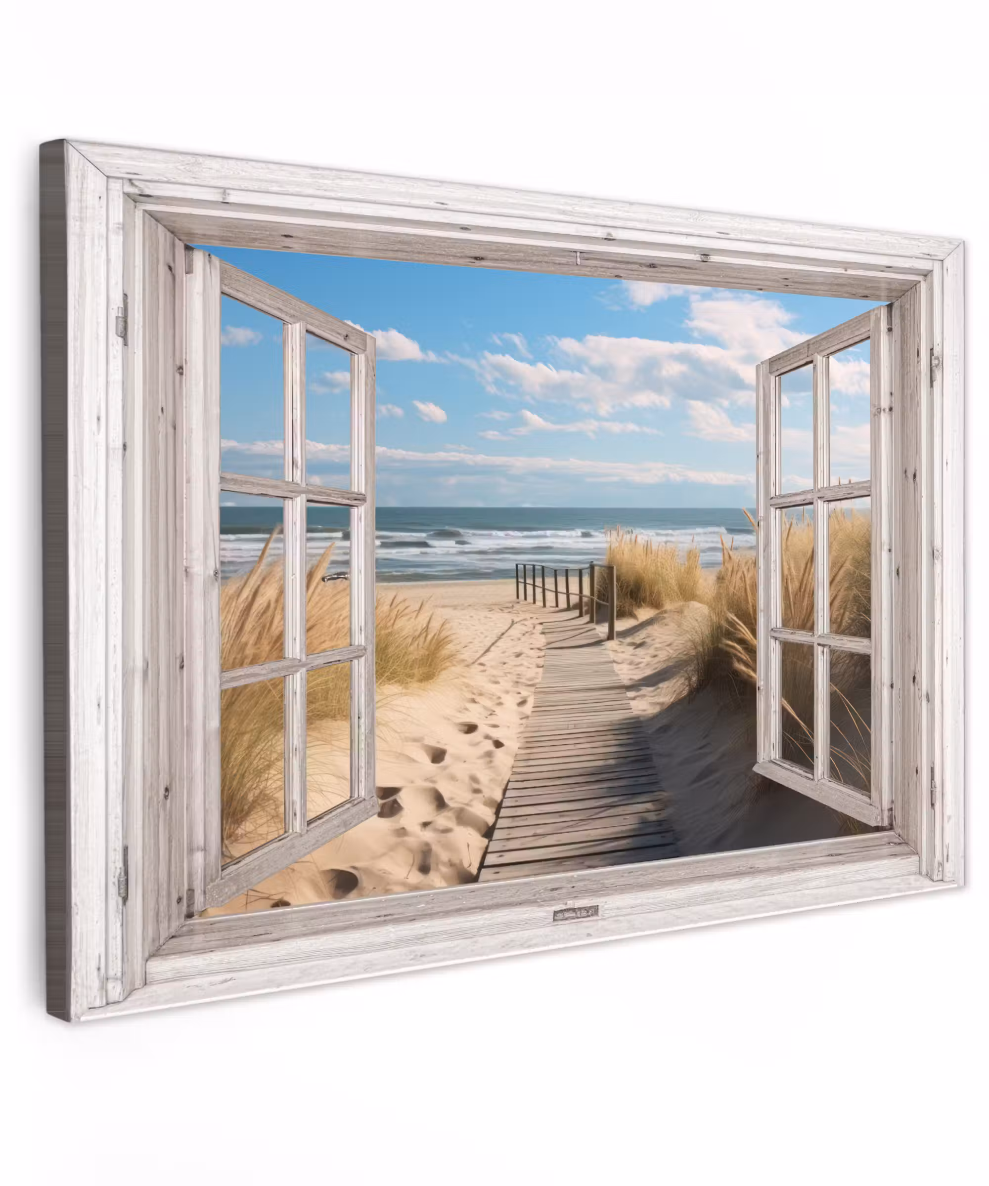 Canvas schilderij - Raam - Zee - Kust - Natuur - Doorkijk - Strand - Waddenzee