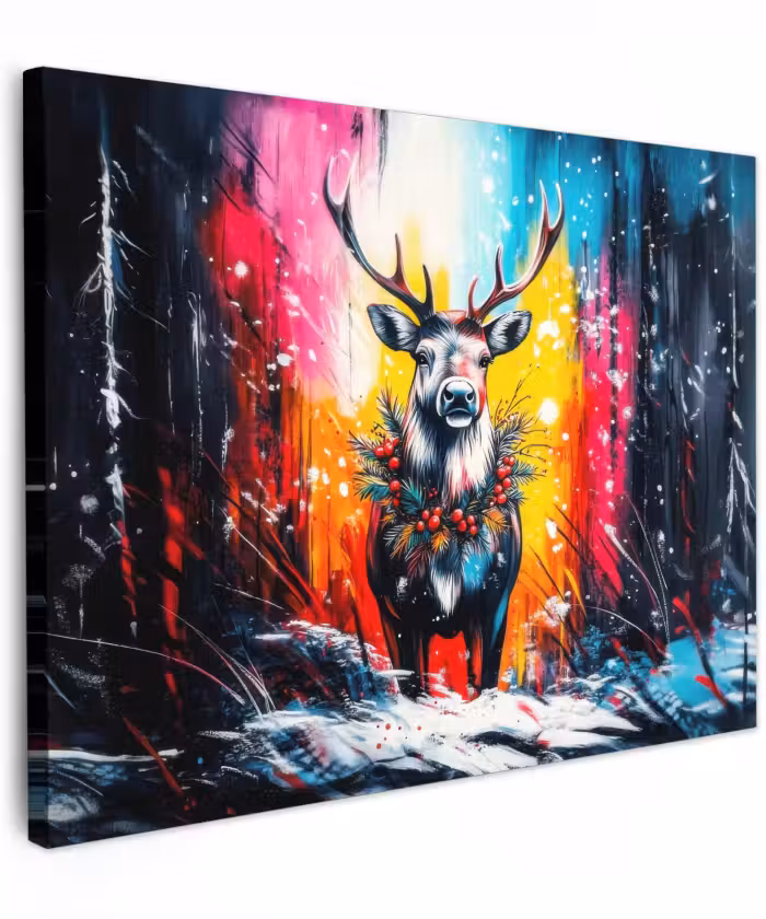 Canvas schilderij - Rendier - Gewei - Krans - Kleurrijk