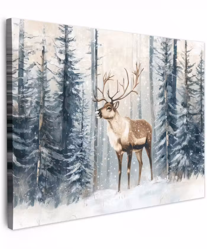 Canvas schilderij - Rendier - Sneeuw - Woud - Wit