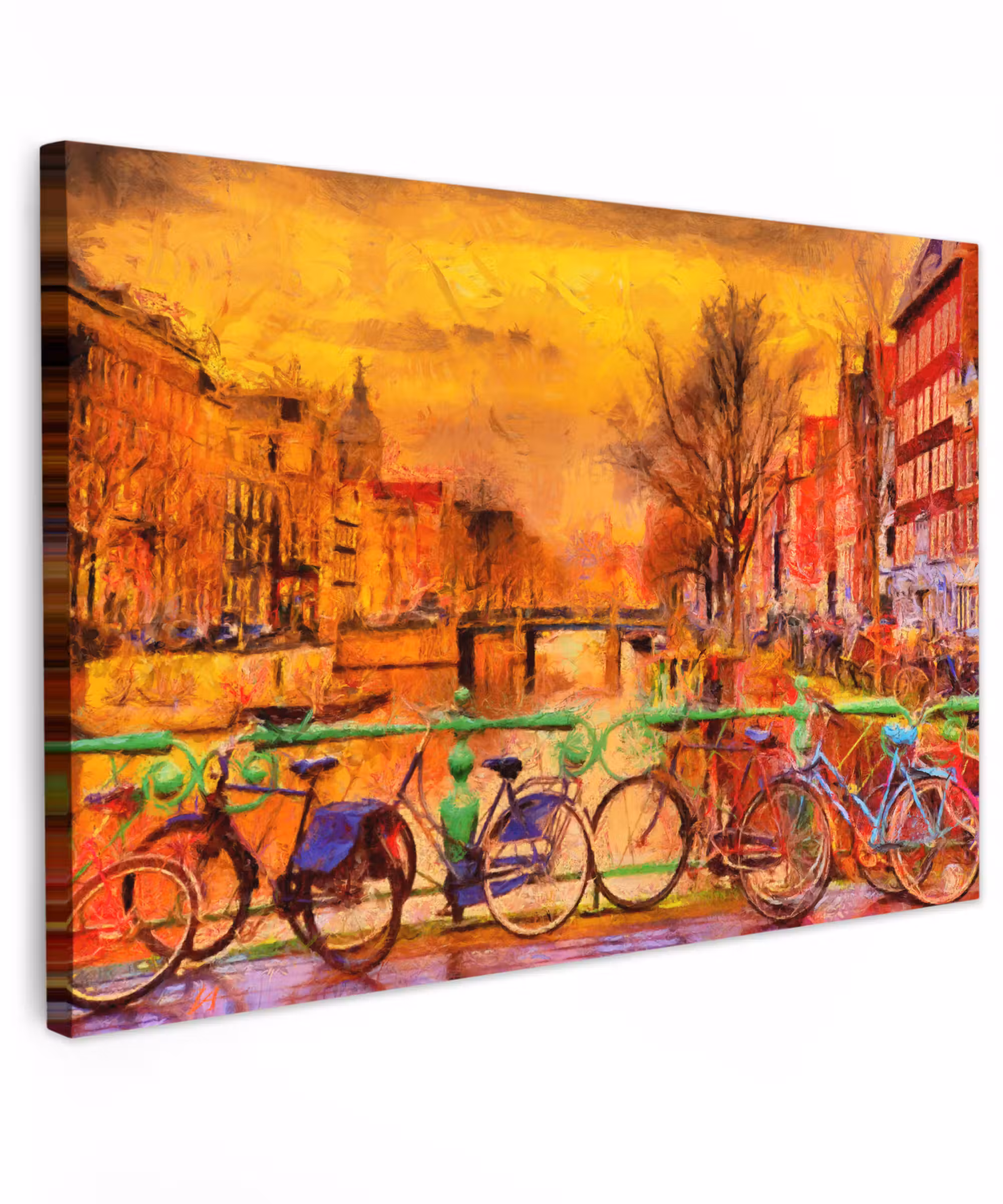 Canvas schilderij - Schilderij - Fiets - Amsterdam - Gracht - Olieverf