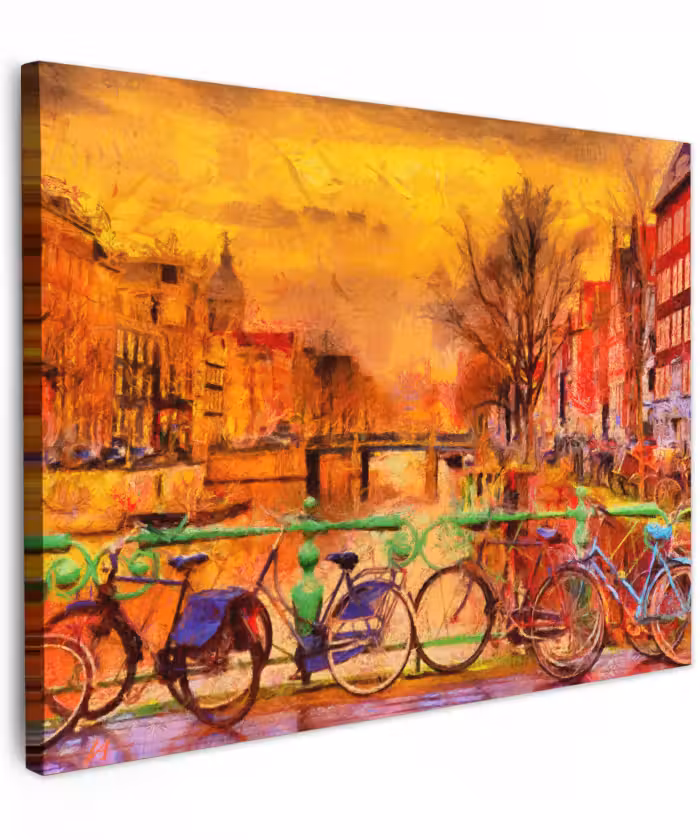 Canvas schilderij - Schilderij - Fiets - Amsterdam - Gracht - Olieverf