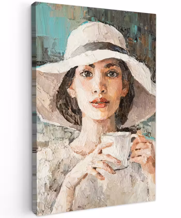 Canvas schilderij - Schilderij - Olieverf - Vrouw - Koffie - Hoed