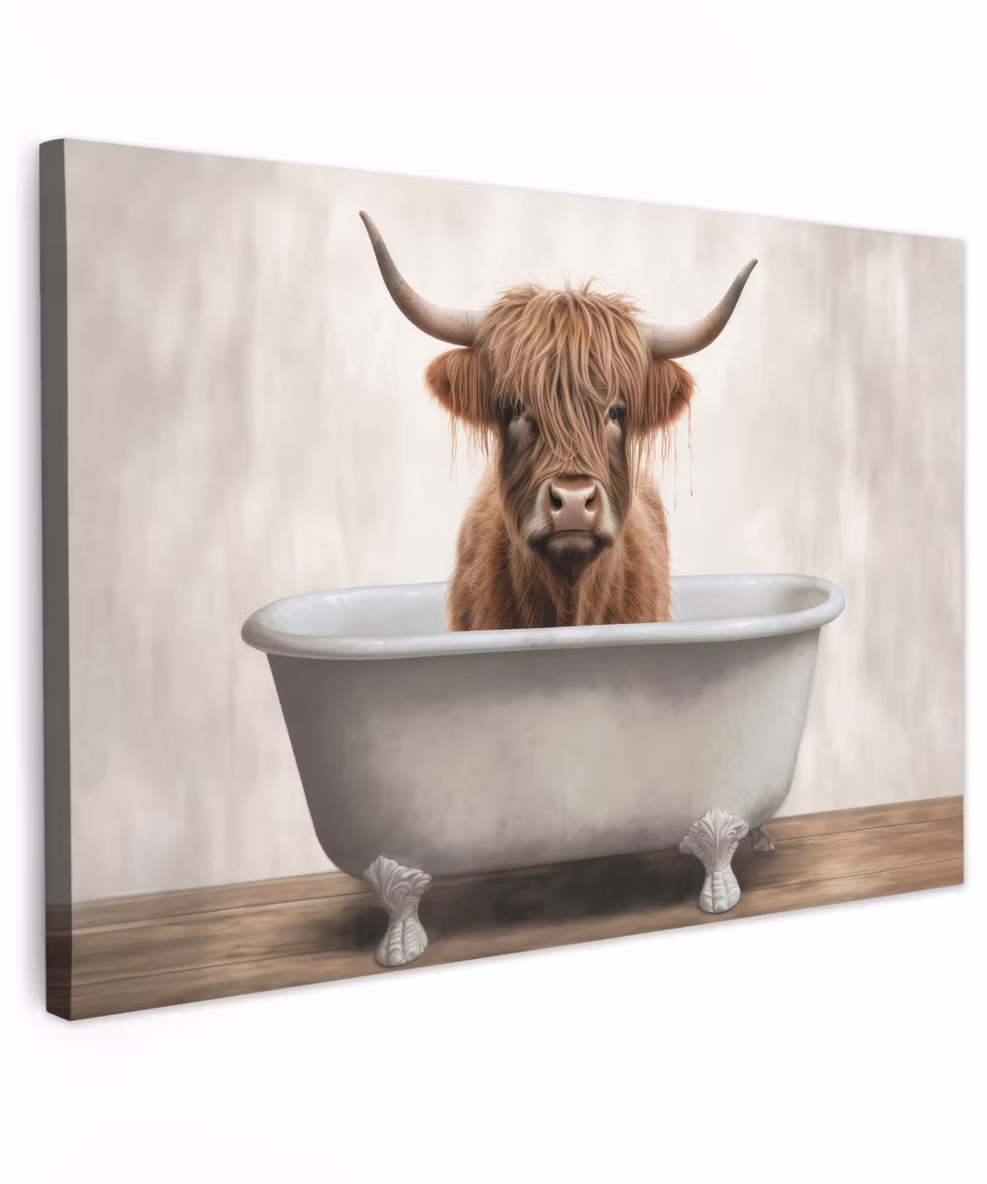 Canvas schilderij - Schotse hooglander - Bad - Badkamer - Badkuip - Bruin - Horens