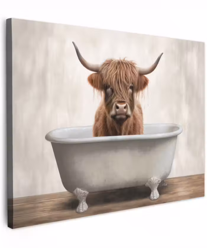 Canvas schilderij - Schotse hooglander - Bad - Badkamer - Badkuip - Bruin - Horens