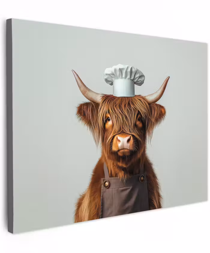 Canvas schilderij - Schotse Hooglander - Bruin - Hoorns - Kokskleding