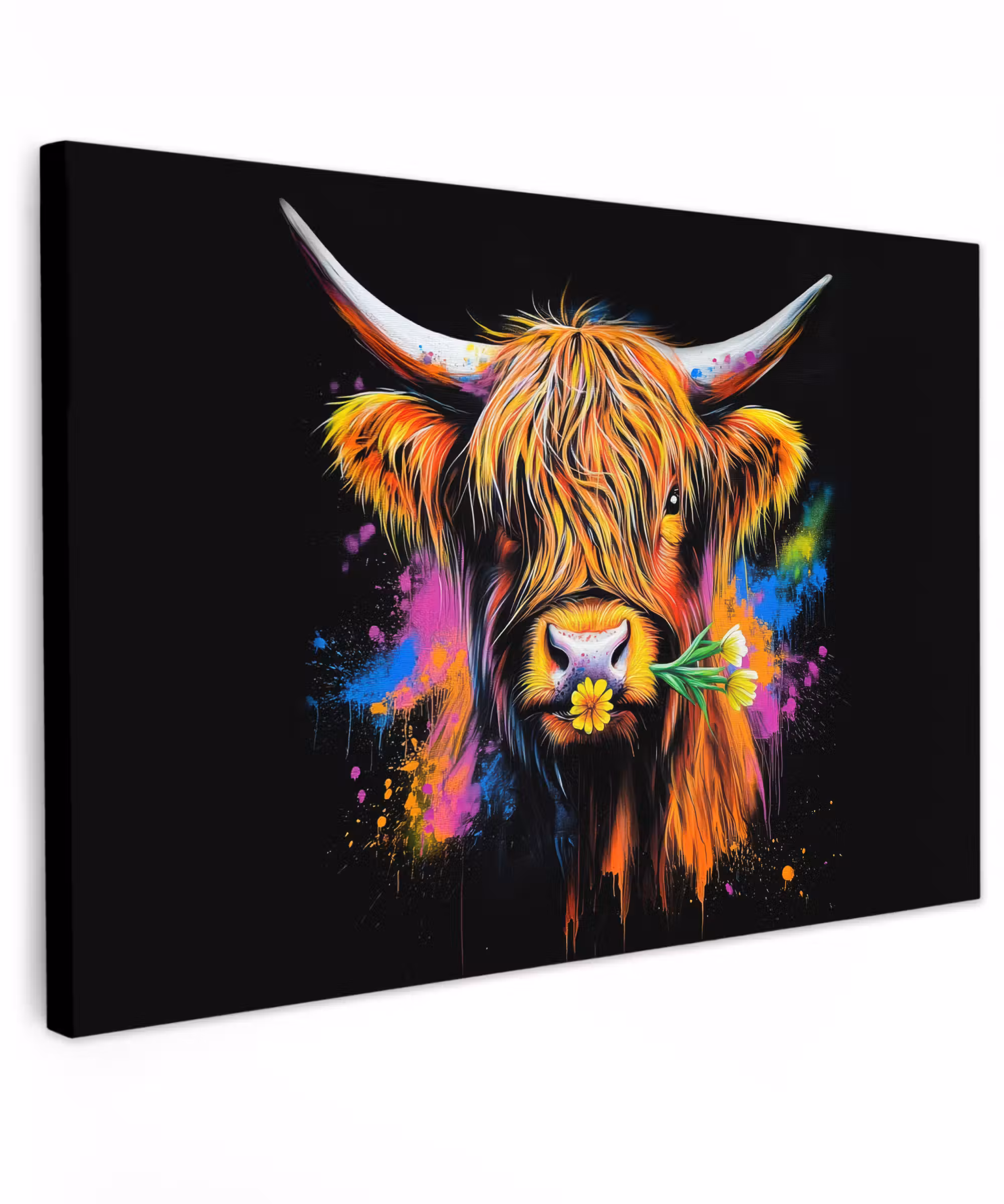 Canvas schilderij - Schotse Hooglander - Graffiti - Kleurrijk - Bloem - Dieren