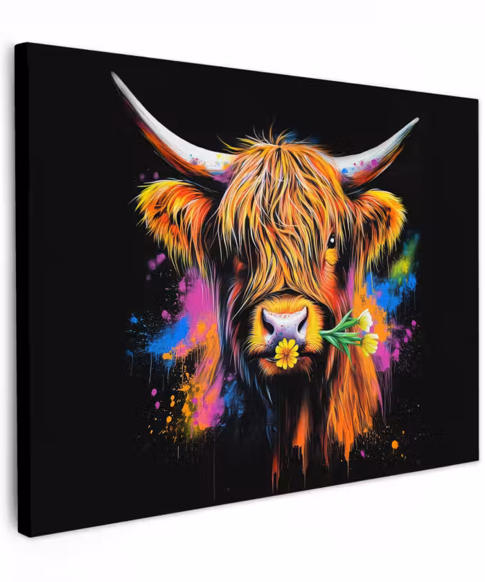 Canvas schilderij - Schotse Hooglander - Graffiti - Kleurrijk - Bloem - Dieren