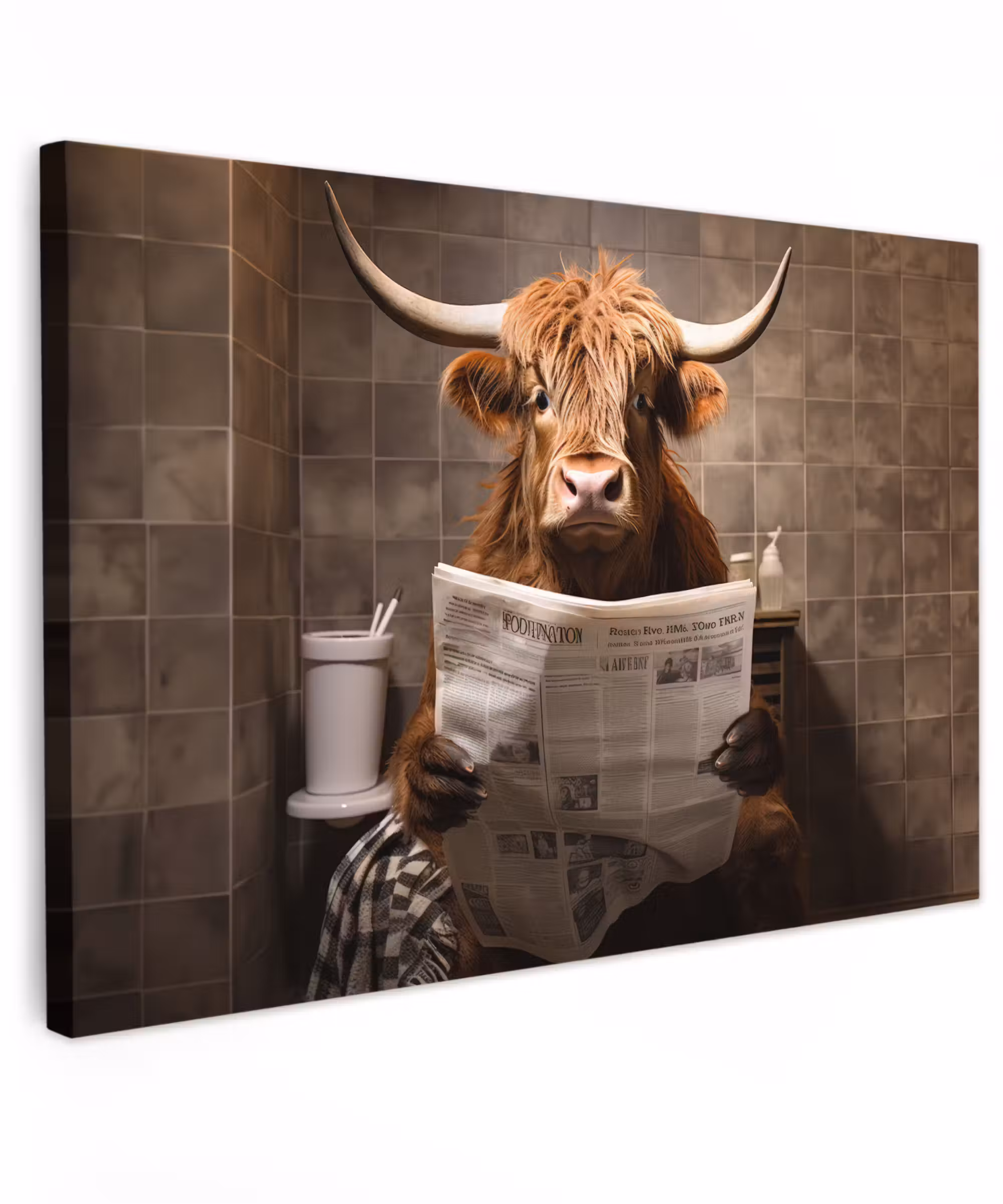 Canvas schilderij - Schotse hooglander - Krant - Toilet