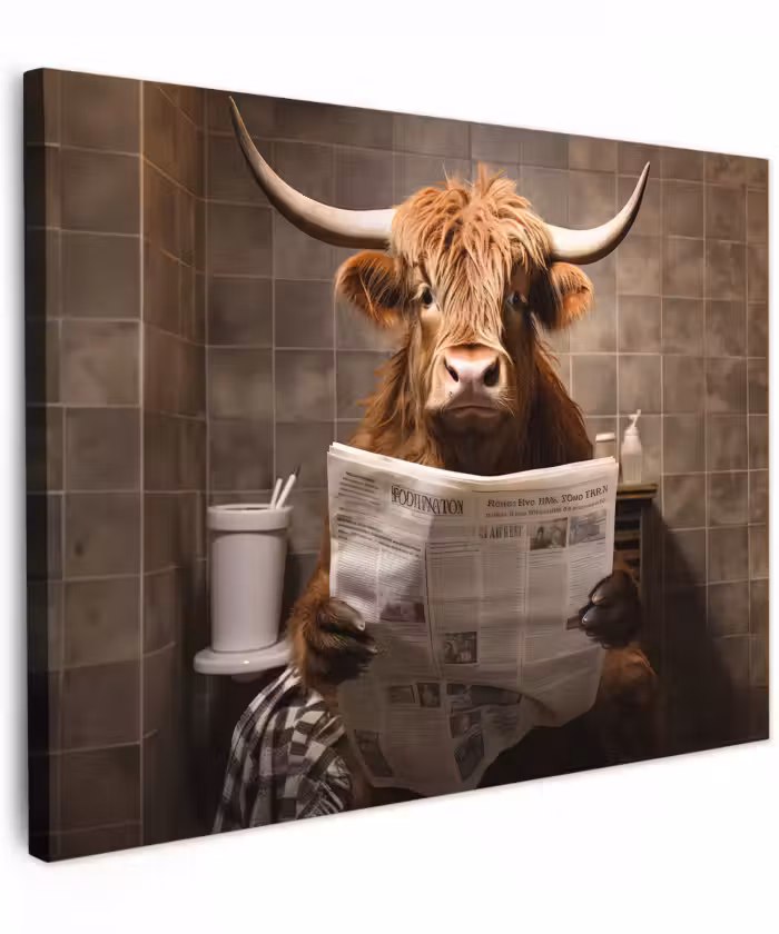 Canvas schilderij - Schotse hooglander - Krant - Toilet