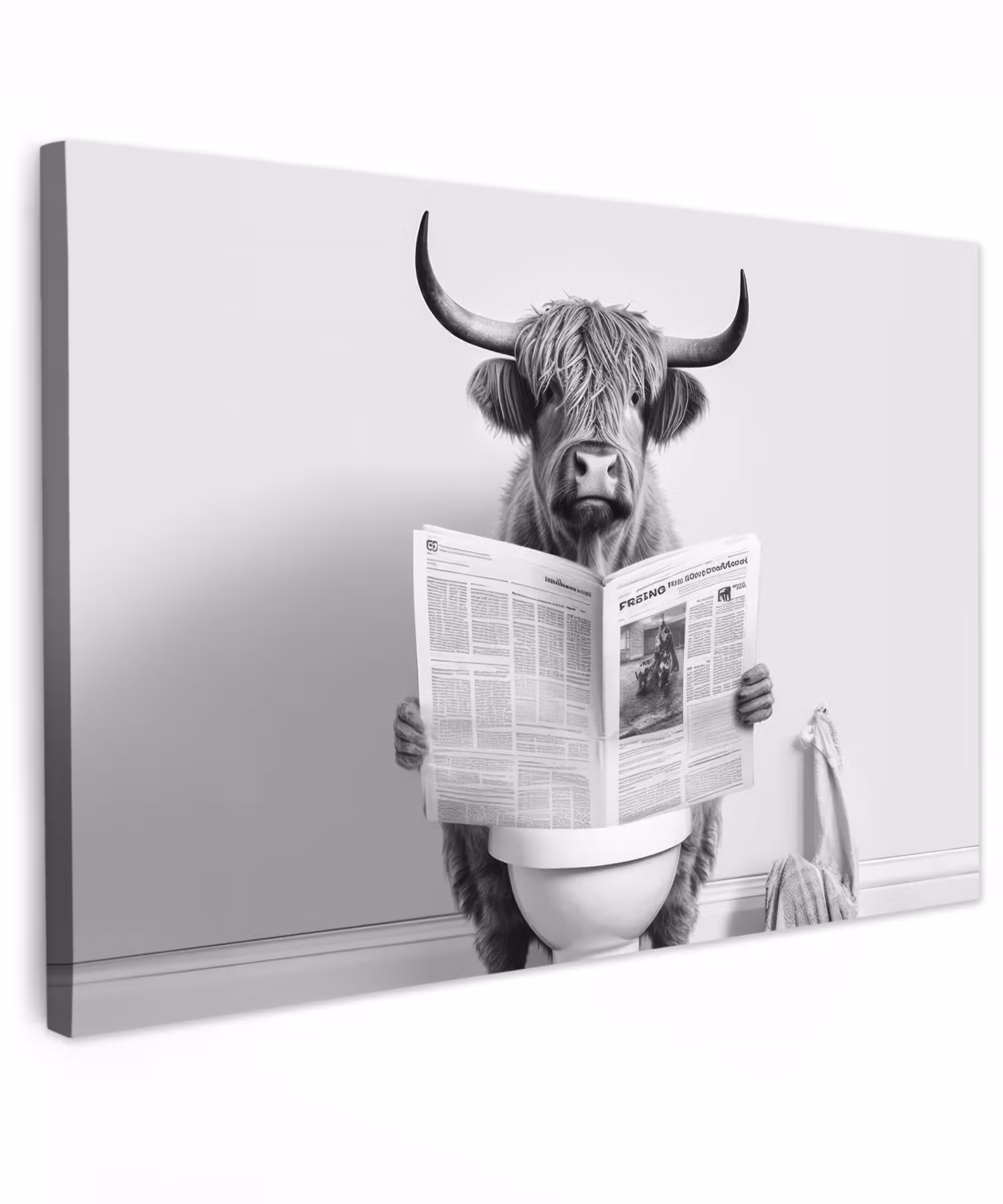 Canvas schilderij - Schotse hooglander - Krant - Toilet - WC - Grijs - Wit - Koe - Horens