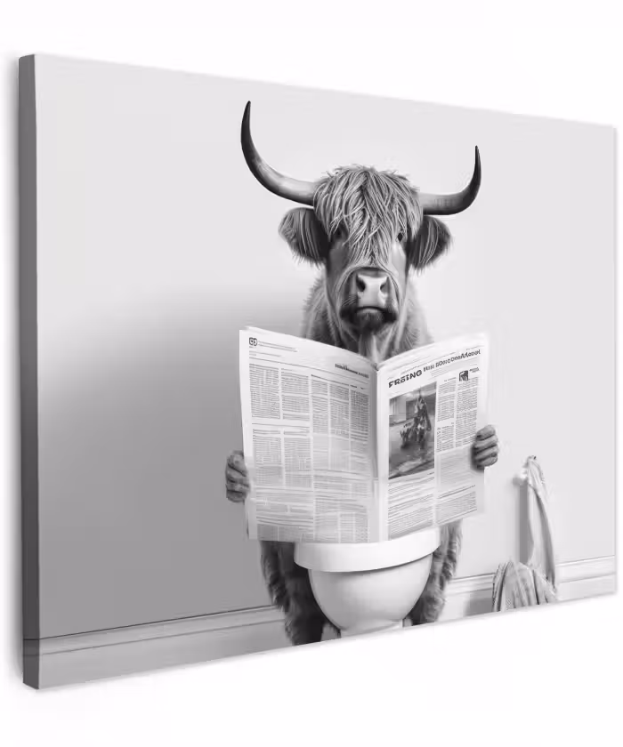Canvas schilderij - Schotse hooglander - Krant - Toilet - WC - Grijs - Wit - Koe - Horens