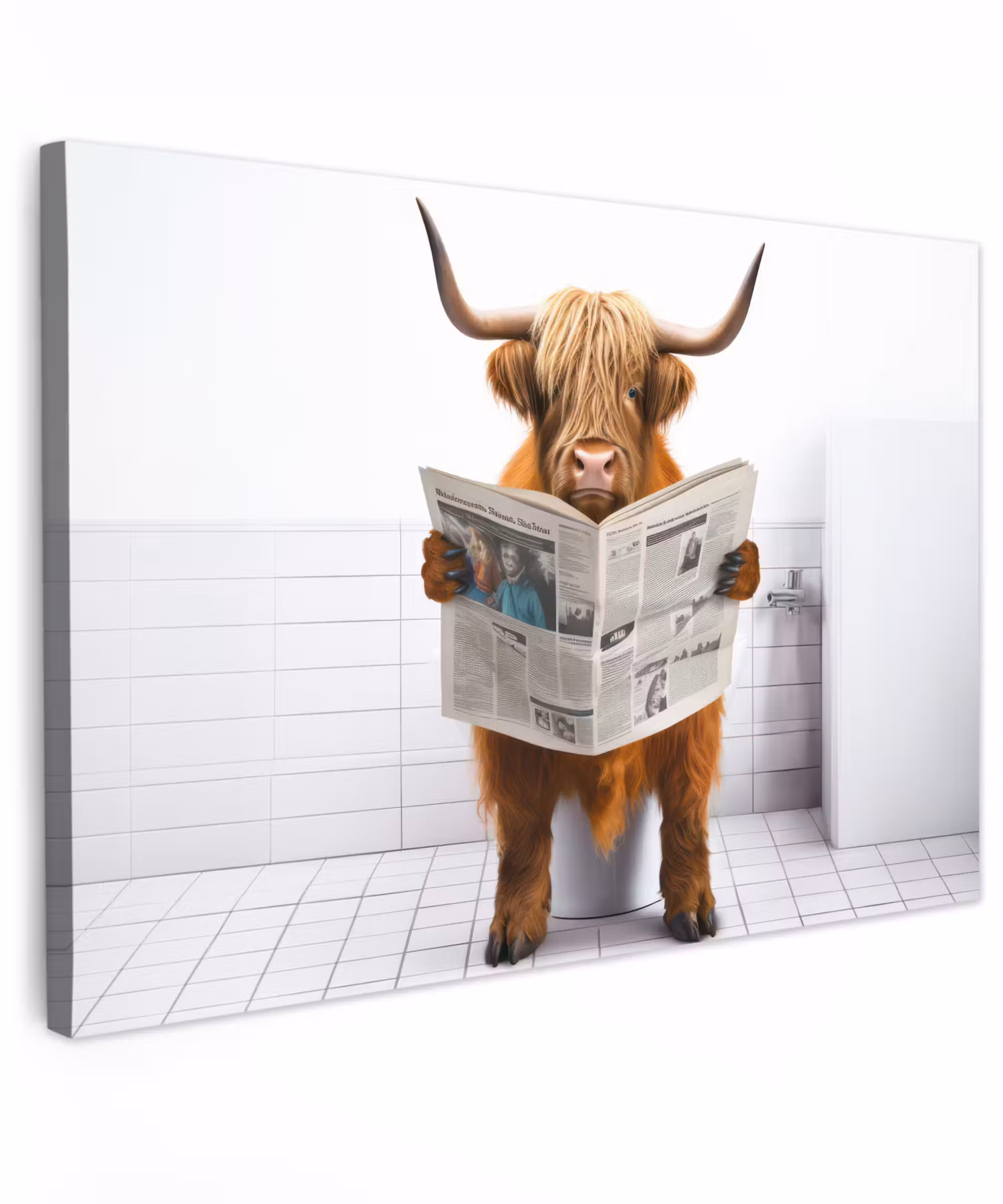 Canvas schilderij - Schotse hooglander - Krant - Toilet - WC - Wit - Koe
