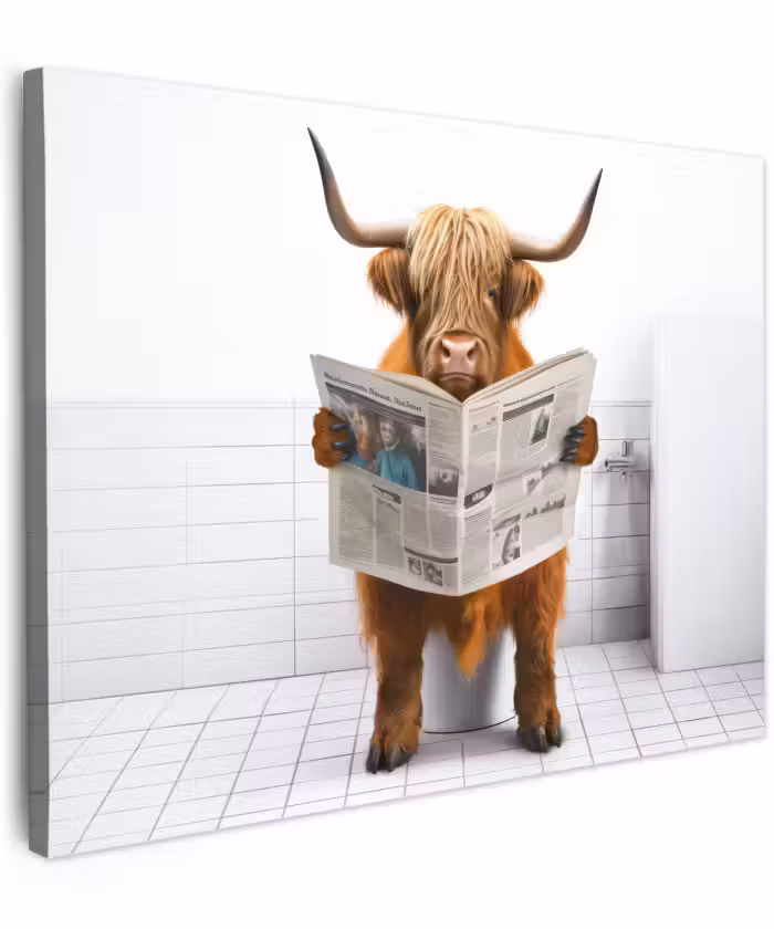 Canvas schilderij - Schotse hooglander - Krant - Toilet - WC - Wit - Koe