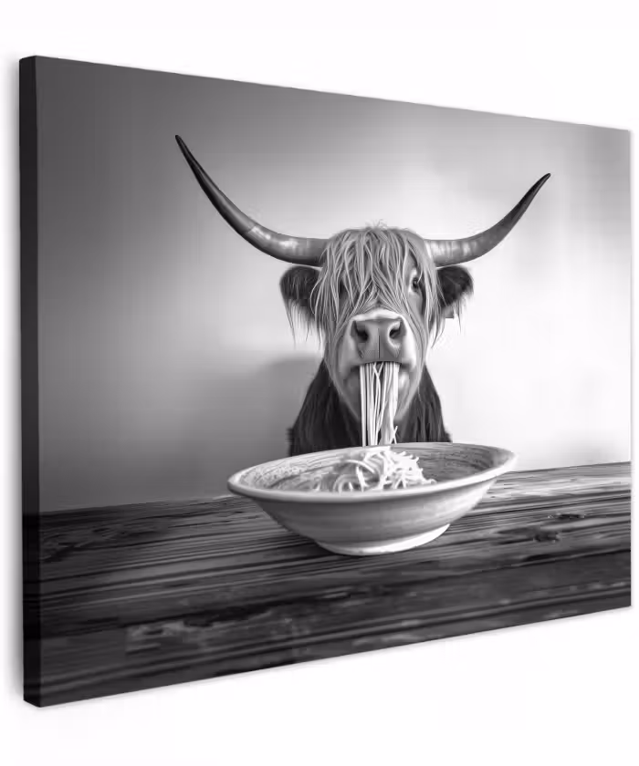 Canvas schilderij - Schotse Hooglander - Spaghetti - Dieren - Zwart wit