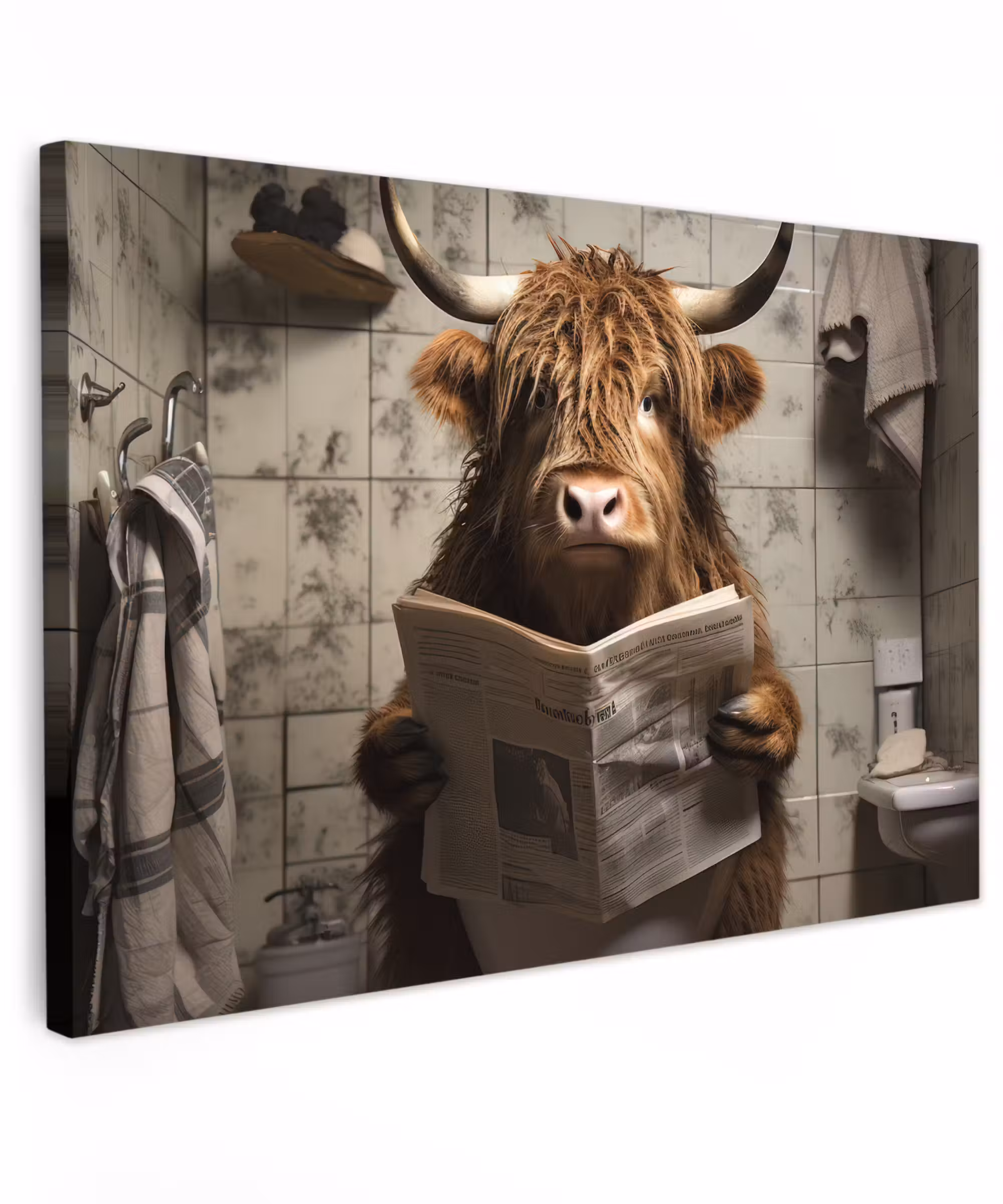 Canvas schilderij - Schotse hooglander - Toilet - Krant - Badkamer