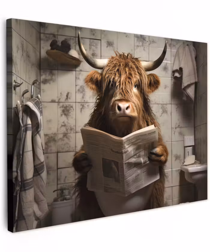 Canvas schilderij - Schotse hooglander - Toilet - Krant - Badkamer