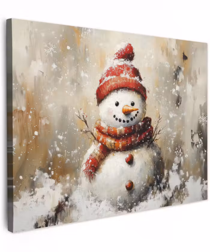 Canvas schilderij - Sneeuwpop - Winter - Sneeuw - Beige