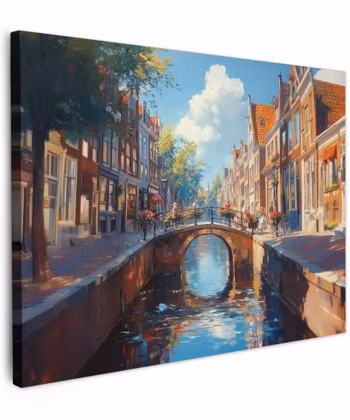 Canvas schilderij - Stad - Gracht - Zon - Fietsen