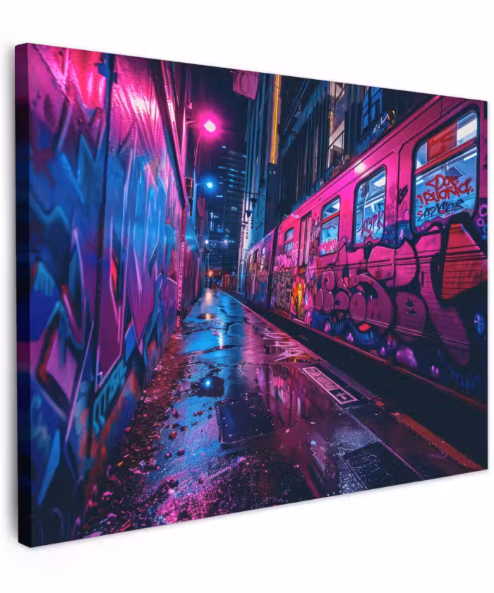 Canvas schilderij - Stad - Neon -  Nacht - Roze - Graffiti