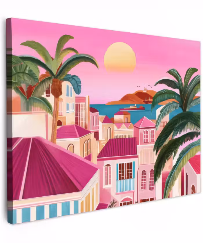 Canvas schilderij - Stad - Roze - Palmbomen