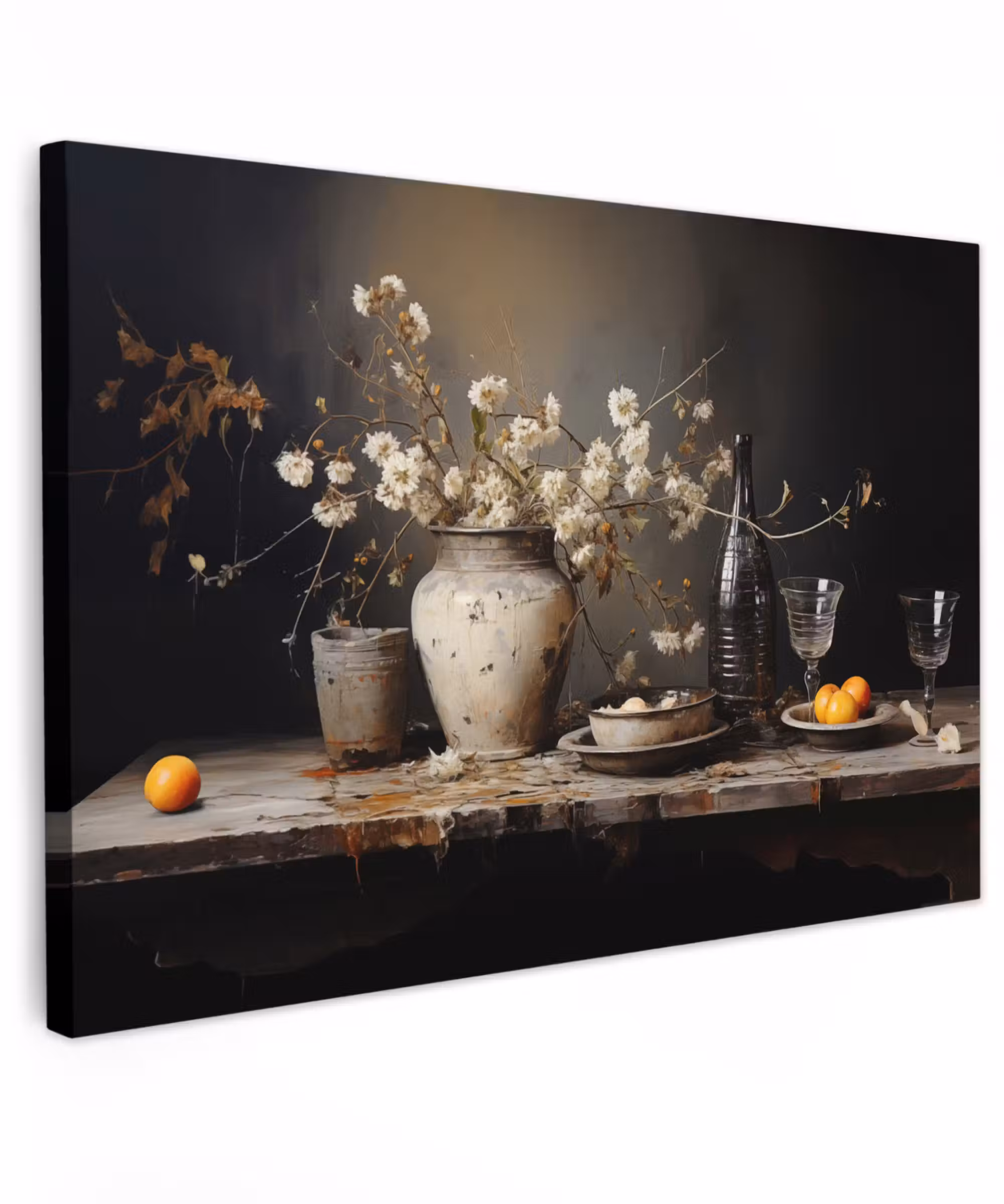 Canvas schilderij - Stilleven - Bloemen - Boeket - Vaas - Wijn