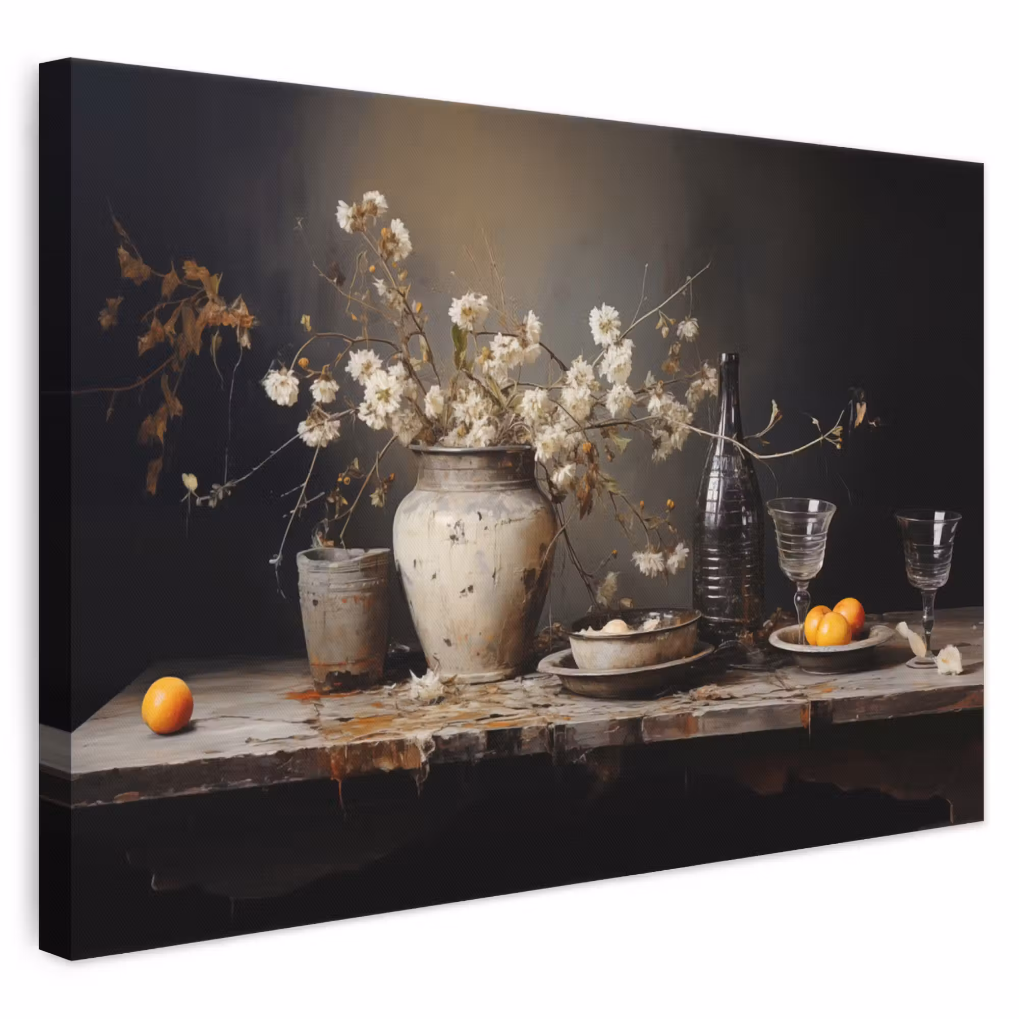 Canvas schilderij - Stilleven - Bloemen - Boeket - Vaas - Wijn