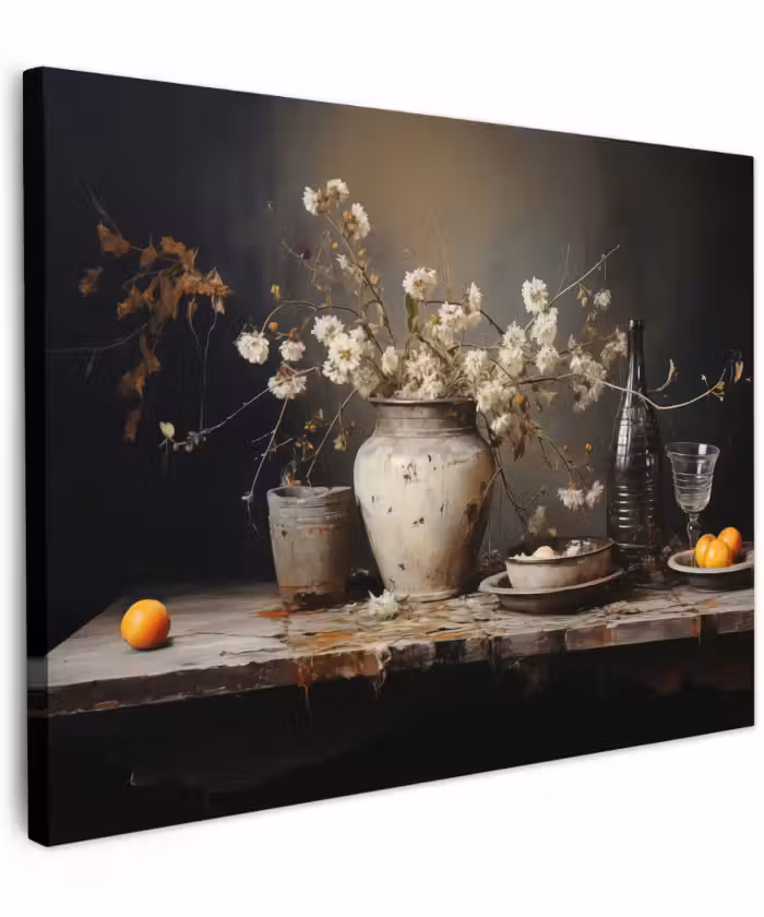 Canvas schilderij - Stilleven - Bloemen - Boeket - Vaas - Wijn