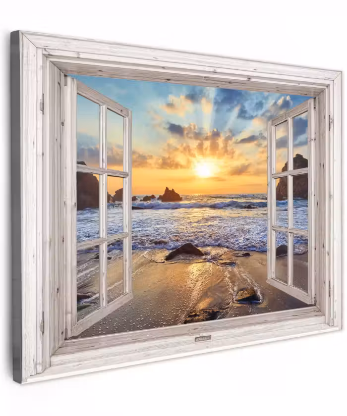 Canvas schilderij - Strand - Doorkijk - Zonsondergang - Landschap - Zee - Natuur