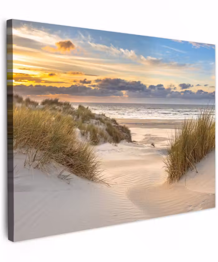 Canvas schilderij - Strand - Duin - Gras - Zonsondergang - Zee