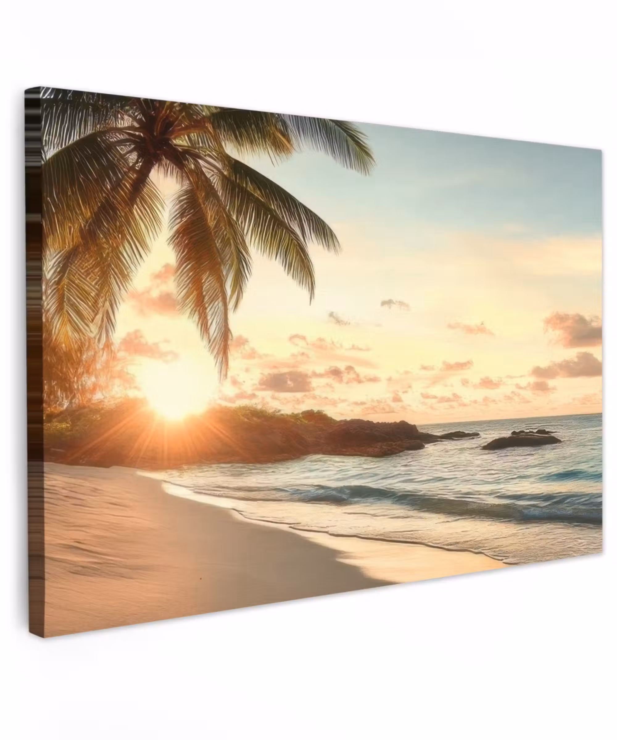 Canvas schilderij - Strand - Palmbomen - Oceaan - Zonsondergang